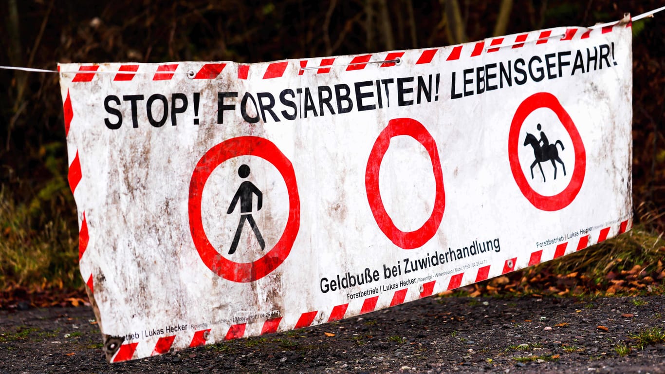 Ein Banner weist auf Forstarbeiten hin (Symbolbild): Bei dem Unglück im Landkreis Landsberg am Lech traf ein Teil des Baums einen 66-Jährigen.