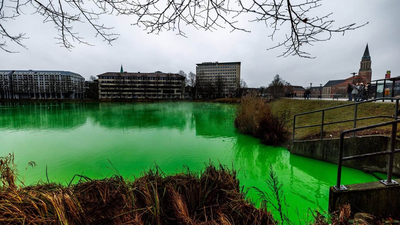 Ungewöhnlicher Anblick: Die Gewässer in Kiel sind durch den Zulauf von Wasser aus einem gebrochenen Rohr der Fernwärmeleitung grün eingefärbt.