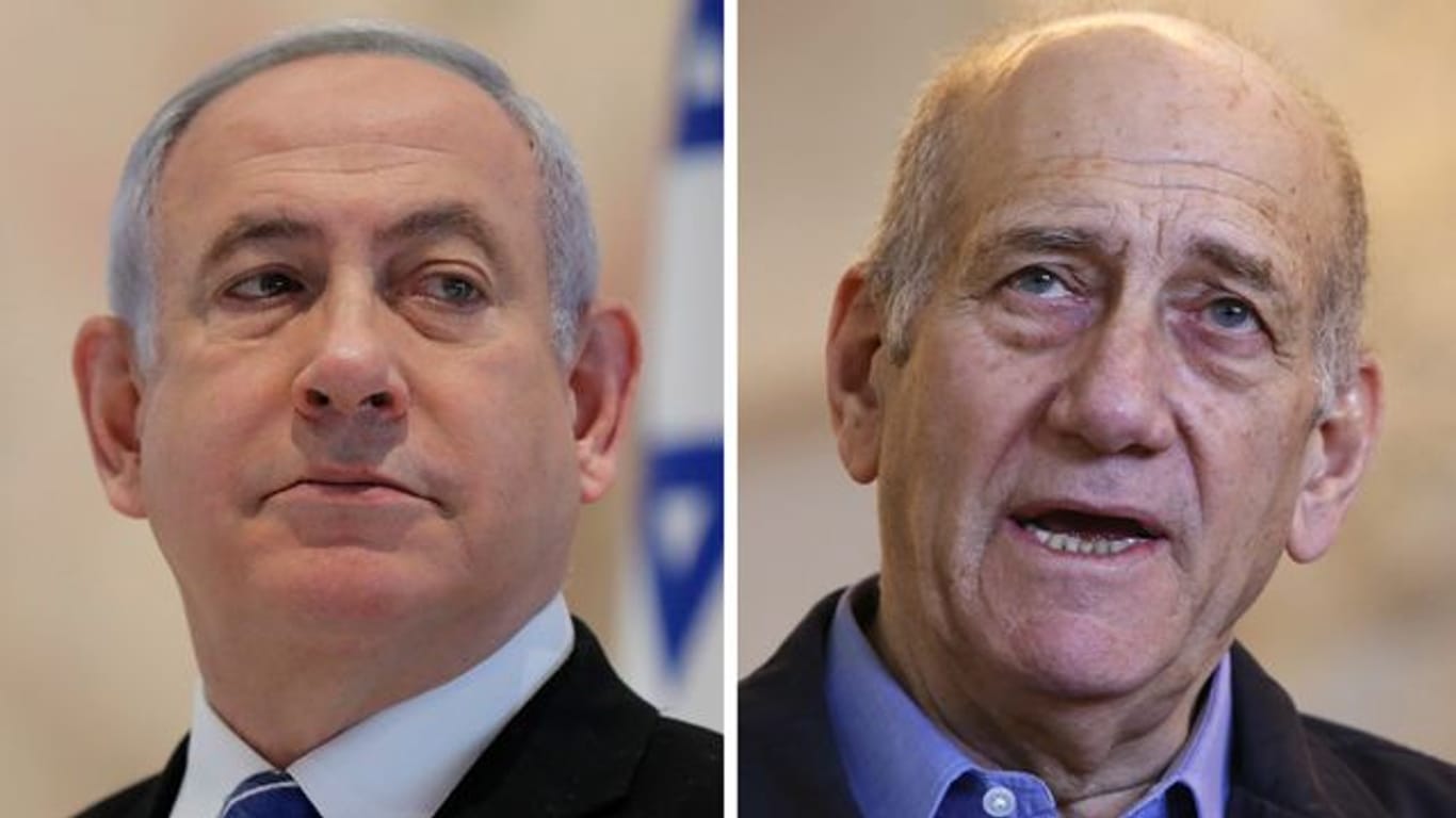 Archivfotos von Benjamin Netanjahu (l), damals Ministerpräsident von Israel, aufgenommen 2020, und Ehud Olmert, ehemaliger israelische Ministerpräsident, im Jahr 2015.