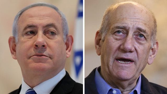 Archivfotos von Benjamin Netanjahu (l), damals Ministerpräsident von Israel, aufgenommen 2020, und Ehud Olmert, ehemaliger israelische Ministerpräsident, im Jahr 2015.