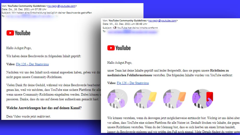Hü und Hott: YouTube schaltete am 16. Dezember das alte Video wieder frei, weil es keine Einwände gebe – und sperrte es am 22. Dezember, weil das Video gegen die Richtlinien verstoße. Das führte zur Kanallöschung.