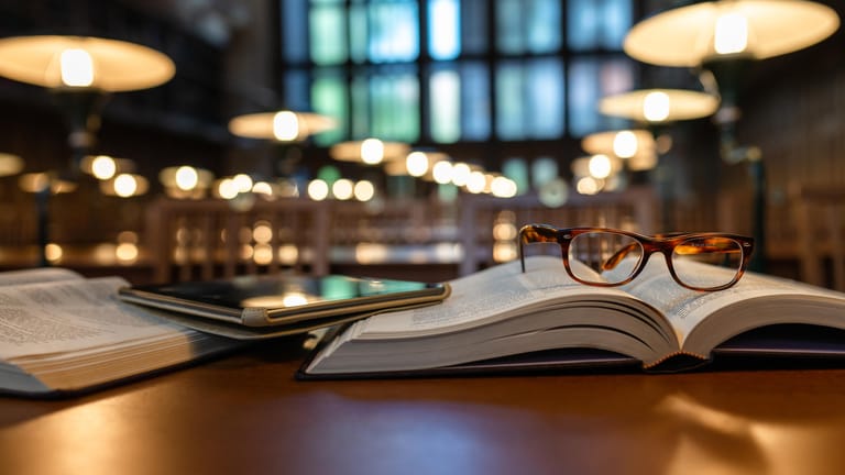 Ein Tablet und eine Brille liegen in der Bibliothek