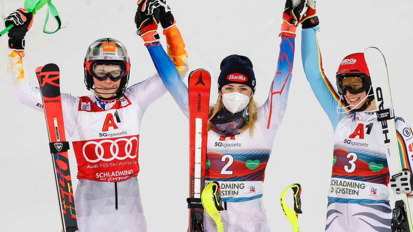 Die drei Siegerinnen (v.l.n.r.): Petra Vlhova, Mikaela Shiffrin und Lena Dürr.