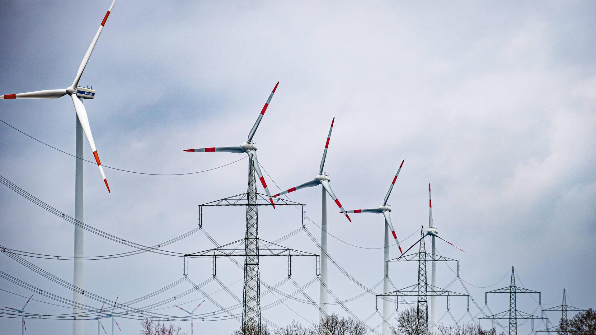 Windräder und Strommasten reihen sich aneinander (Symbolbild): Dass der Ausbau der Windenergie an Land bisher so schleppend lief, lag unter anderem am Widerstand von Naturschützern und Bürgerinitiativen.