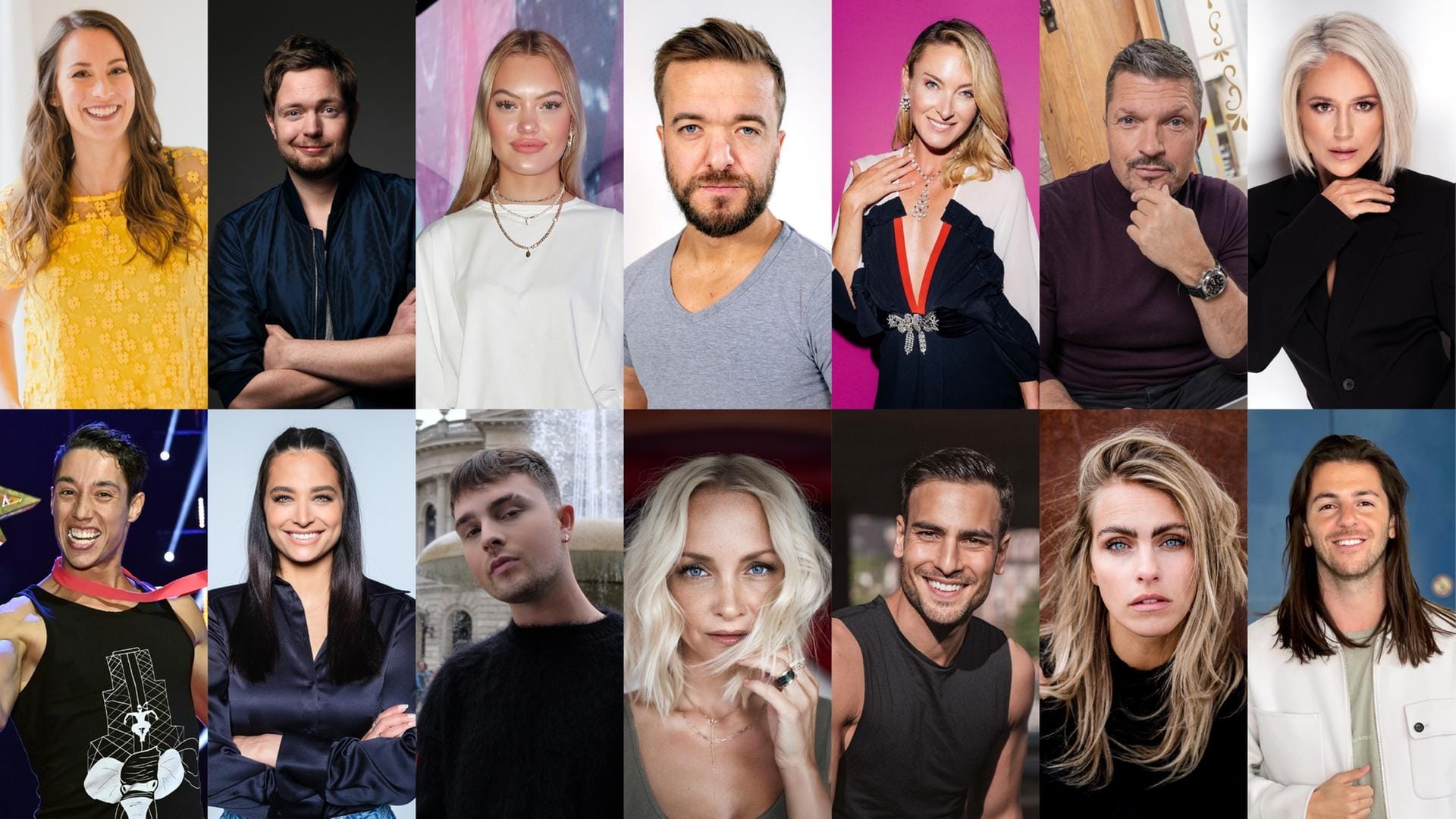 Alle 14 "Let's Dance"-Stars: Caroline Bosbach, Bastian Bielendorfer, Cheyenne Ochsenknecht, Mathias Mester, Lilly zu Sayn-Wittgenstein-Berleburg, Hardy Krüger jr. und Michelle; unten v.l.: René Casselly, Amira Pocher, Mike Singer, Janin Ullmann, Timur Uelker, Sarah Mangione und Riccardo Basile