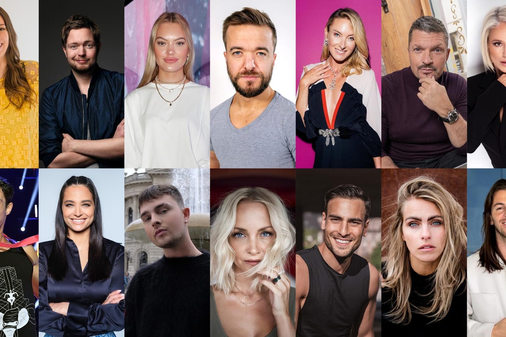 Alle 14 "Let's Dance"-Stars: Caroline Bosbach, Bastian Bielendorfer, Cheyenne Ochsenknecht, Mathias Mester, Lilly zu Sayn-Wittgenstein-Berleburg, Hardy Krüger jr. und Michelle; unten v.l.: René Casselly, Amira Pocher, Mike Singer, Janin Ullmann, Timur Uelker, Sarah Mangione und Riccardo Basile