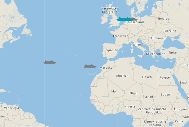 "MS Artania": Das blau eingefärbte Schiff hat gestern abgelegt. Daneben ist auf der Karte die "MS Amera" zu sehen, auf der es Corona-Fälle gab. Vor Marokko liegt das Stamm-"Traumschiff", die "MS Amadea".