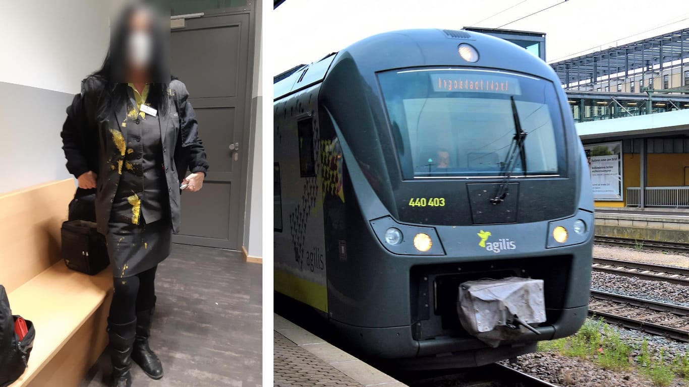 Zugbegleiterin mit verschmutzter Uniform: Der Mann bewarf die Frau mit Essen, nachdem sie seinen Fahrschein kontrollieren wollte.