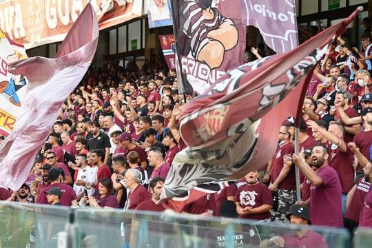 Fans von Salernitana jubeln auf der Tribüne während eines Fußballspiels ihrer Mansnchaft.