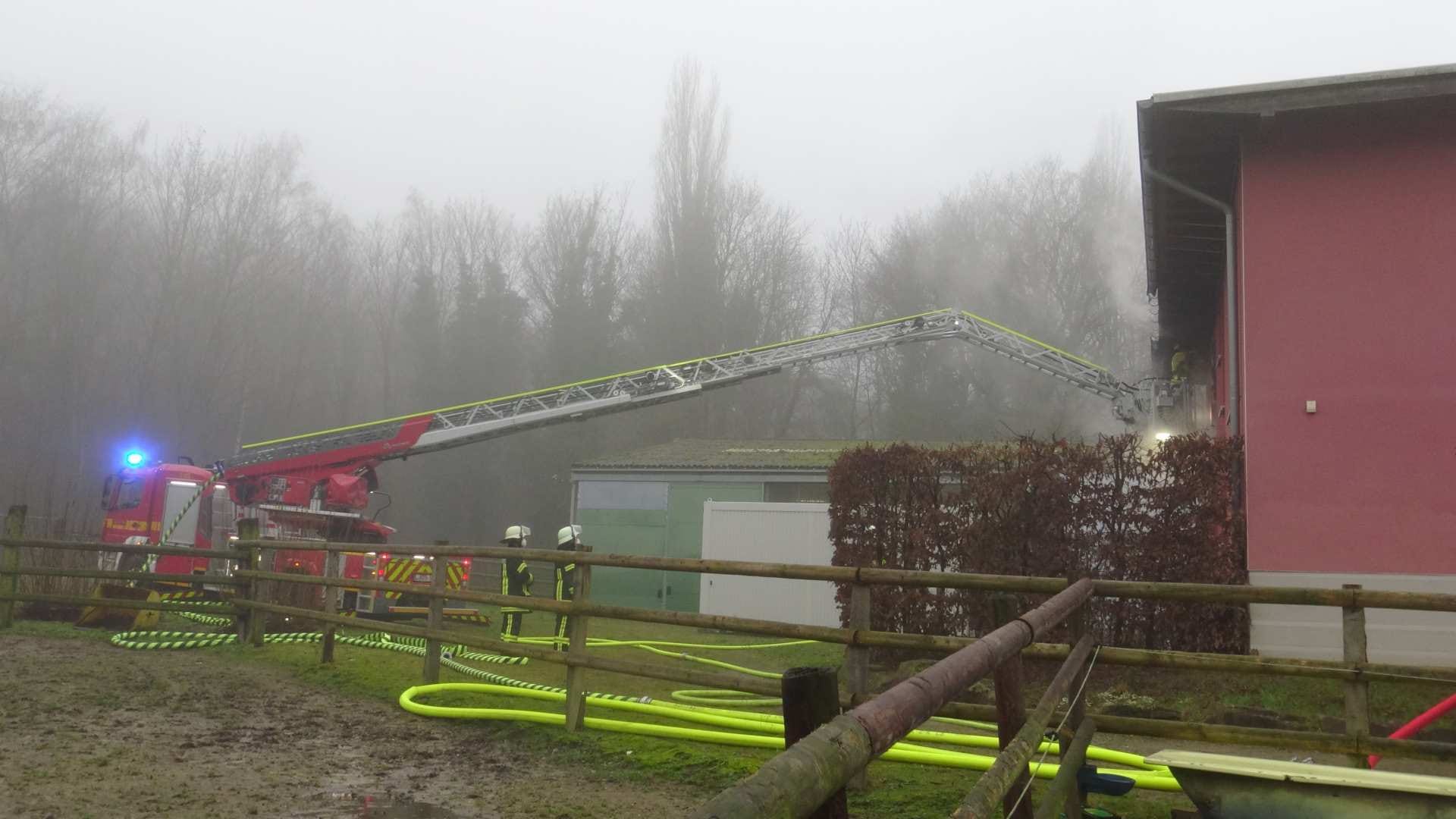 Die Feuerwehr im Einsatz: Mit einer Drehleiter versucht sie, den Brand zu löschen.