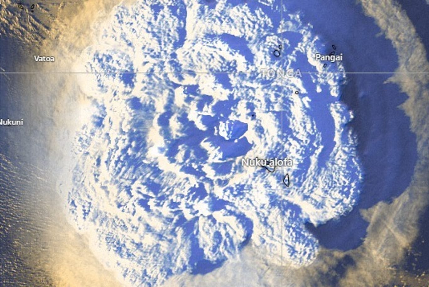 Eine Satellitenaufnahme des Vulkanausbruchs: In Tonga regnete es Asche.