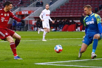 Gewohntes Bild: Bayerns Lewandowski (l.) trifft gegen Kölns Torwart Schwäbe.