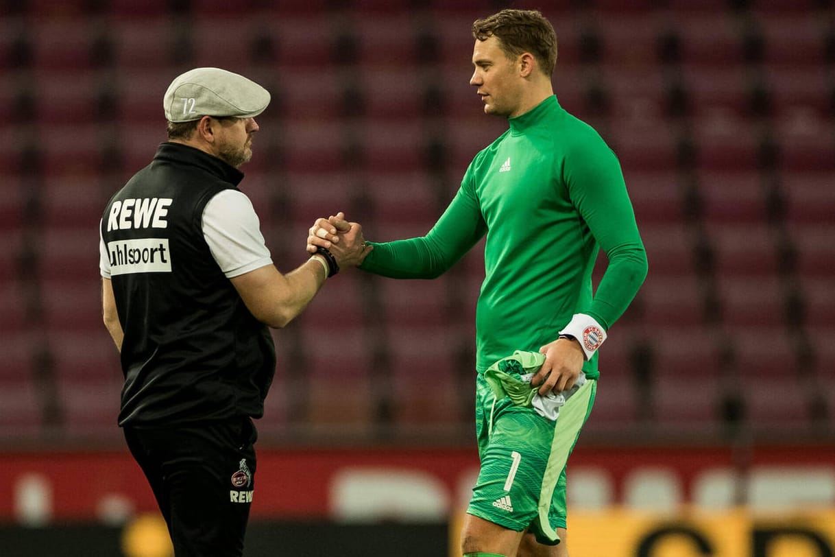 Freundliche Töne: Köln-Trainer Baumgart (l.) und Bayern-Torwart Neuer nach dem 4:0 der Münchner.