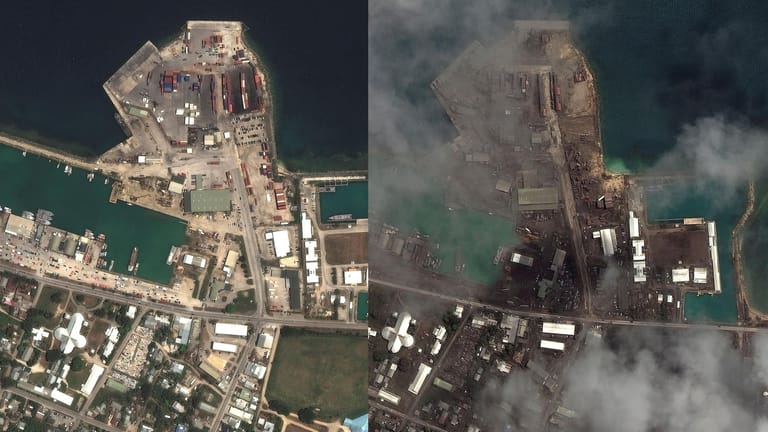 Satellitenbilder der tongaischen Hauptstadt Nuku'alofa: Das Hafengelände ist vor dem Vulkanausbruch (links) zu sehen und danach – bedeckt von Asche und Trümmern (rechts).