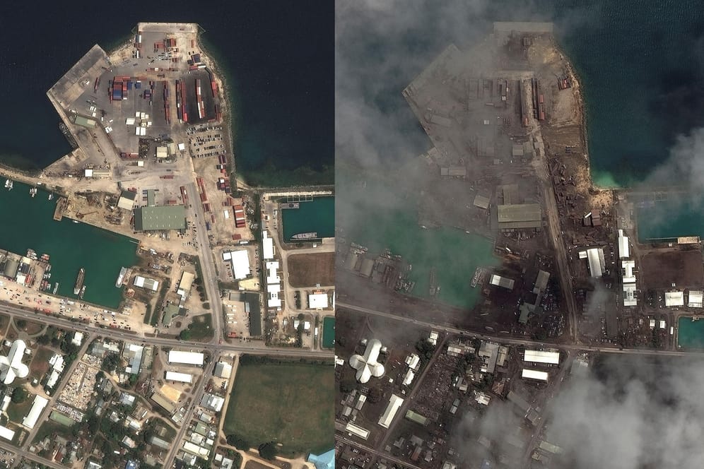 Satellitenbilder der tongaischen Hauptstadt Nuku'alofa: Das Hafengelände ist vor dem Vulkanausbruch (links) zu sehen und danach – bedeckt von Asche und Trümmern (rechts).