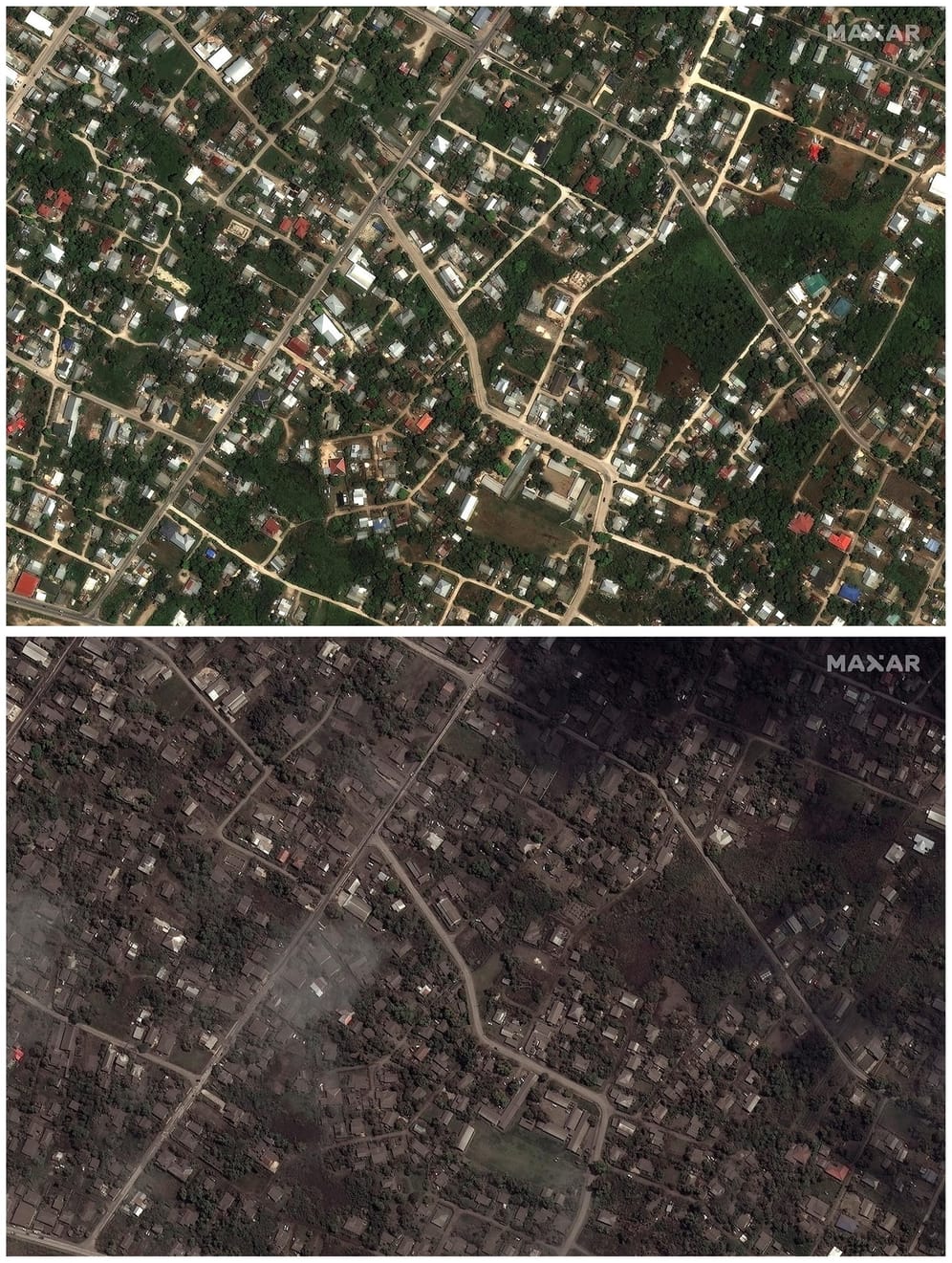 Region im Inselstaat: Die Aufnahmen zeigen den gleichen Ort vor und nach dem Vulkanausbruch.
