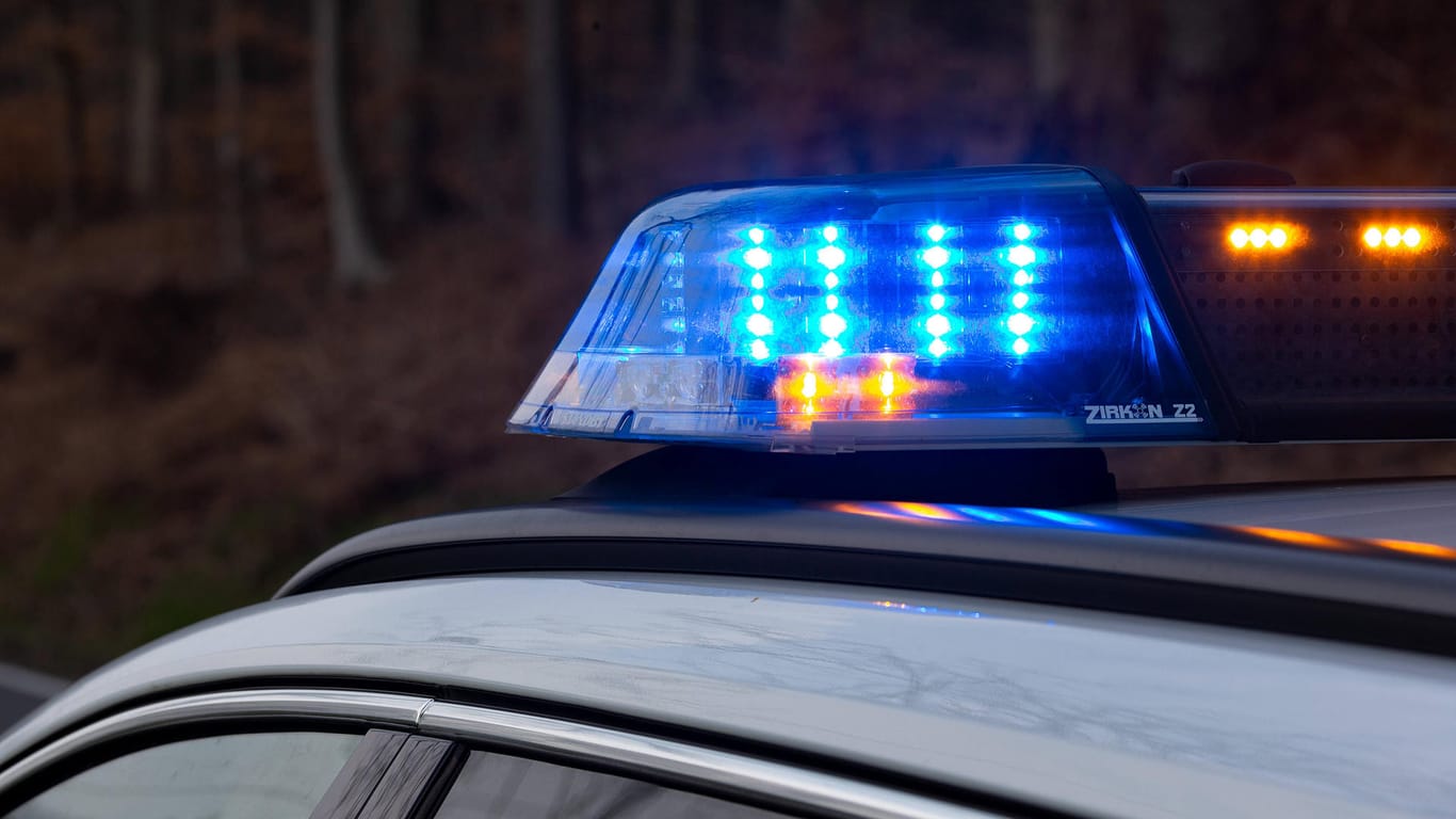 Einsatzfahrzeug der Polizei mit Blaulicht (Symbolbild): Spaziergänger mit einem Hund hatten die Leiche in einem Waldstück gefunden.