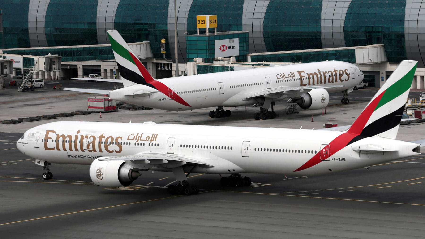 FILE PHOTO: Emirates Boeing 777 planes at Dubai International Airport