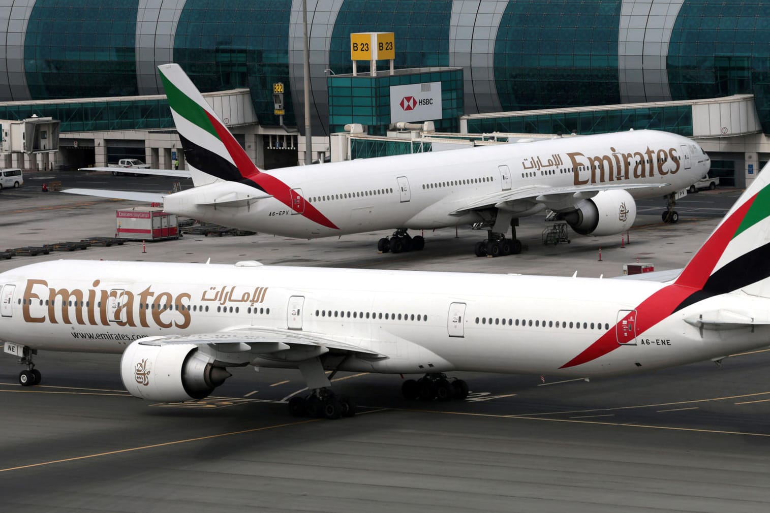 FILE PHOTO: Emirates Boeing 777 planes at Dubai International Airport