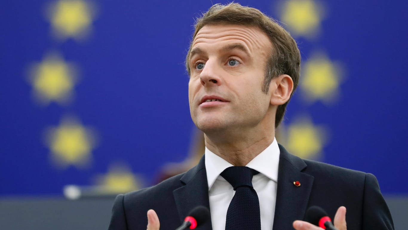 Emmanuel Macron bei seiner Rede vor dem EU-Parlament: Angesichts der drohenden Eskalation im Ukraine-Konflikt forderte Macron eine neue europäische Sicherheits- und Stabilitätsordnung.