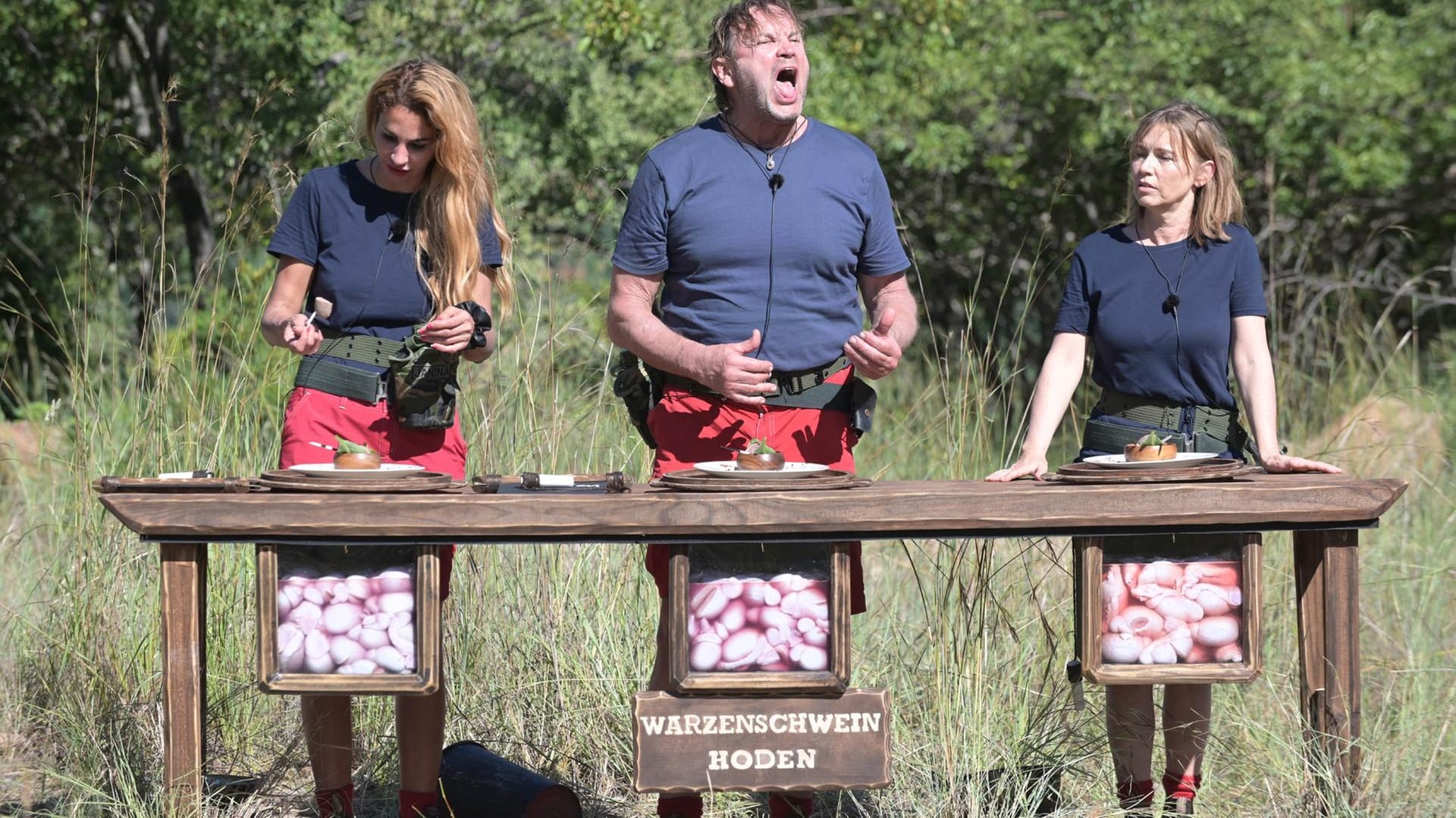 Janina Youssefian, Peter Althof und Tina Ruland sollten Warzenschweinhoden essen.