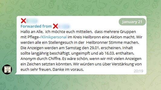 Anzeigen in Heilbronn: In einer bundesweiten Gruppe für Pflegekräfte wurde um Unterstützung gebeten.