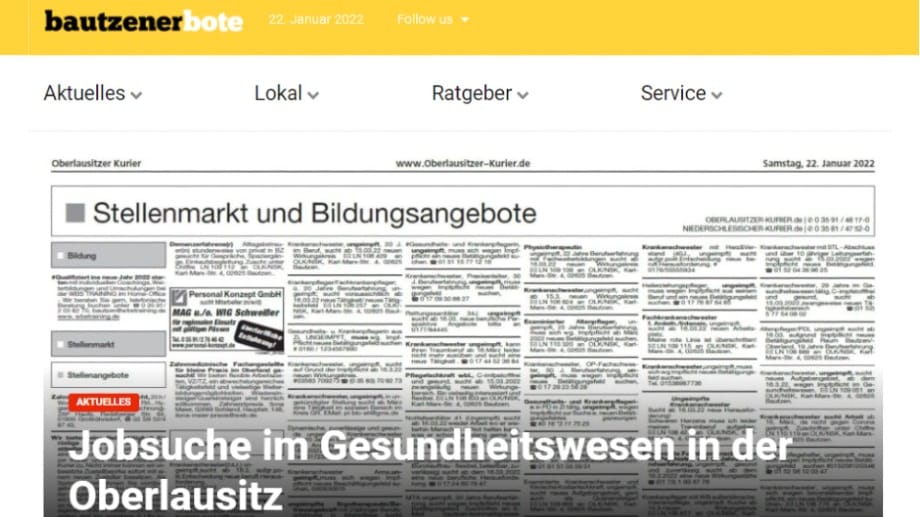 TopThema: Der "Bautzer Bote" griff die rund 120 Anzeigen auf, schrieb dazu: "Ein Blick in die aktuelle Ausgabe des Oberlausitzer Kuriers zeigt, welche Auswirkungen die Corona-Politik auf die Gesellschaft und ab März auf unser Gesundheitswesen hat." Doch viele der Anzeigen sind nicht echt.