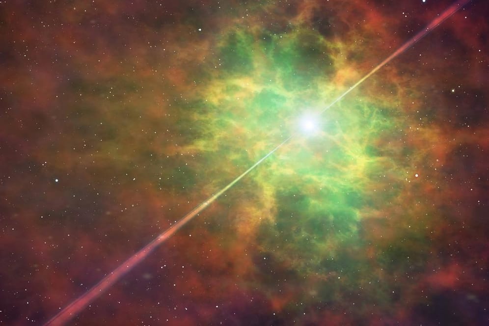 Künstlerische Darstellung eines Pulsars: Astronomen haben jetzt womöglich erstmals eine besondere Form dieser Neutronensterne nachgewiesen.