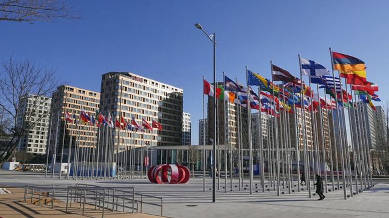 Blick auf das Athletendorf der Olympischen Winterspiele 2022 in Peking.