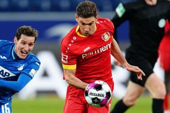 Leverkusens Lucas Alario (M) versucht den Ball gegen Hoffenheims Sebastian Rudy (l) zu behaupten.