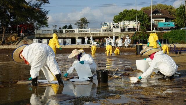 Verschmutzter Strand in Thailand: Nun weiß man, dass viel mehr Röhöl ausgeflossen ist als angenommen. Verschmutzter Strand in Thailand: Nun weiß man, dass viel mehr Röhöl ausgeflossen ist als angenommen.