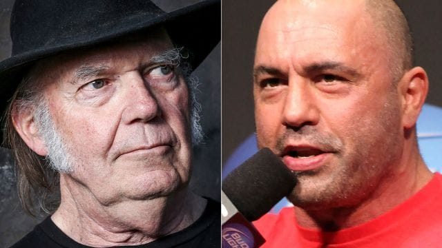 Rockstar Neil Young (l) hat Spotify wegen des Podcasts von Joe Rogan verlassen.