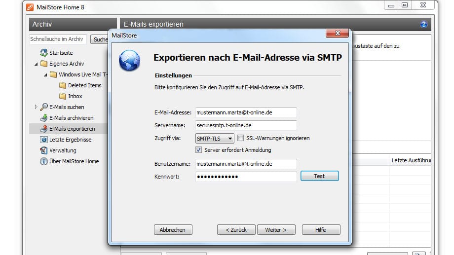 Um größere Mengen an E-Mails vom Rechner auf einen Internet-Server oder POP3-Postfach umzuziehen, ist die Software MailStore Home das bessere Werkzeug. Über die Programm-Funktion "Exportieren nach E-Mail-Adresse via SMTP" lassen sich zuvor mit dem Programm archivierte Nachrichten bequem in Ihr T-Online-Postfach verschieben. Das Programm ist für die private Nutzung kostenlos, wird aber leider nur für das Betriebssystem Windows vom Hersteller angeboten.