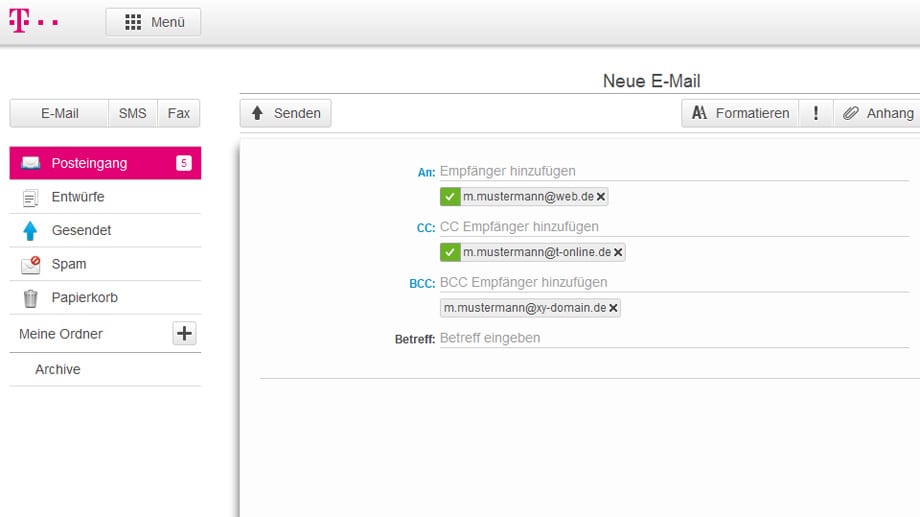 Screenshot E-Mail-Center von T-Online