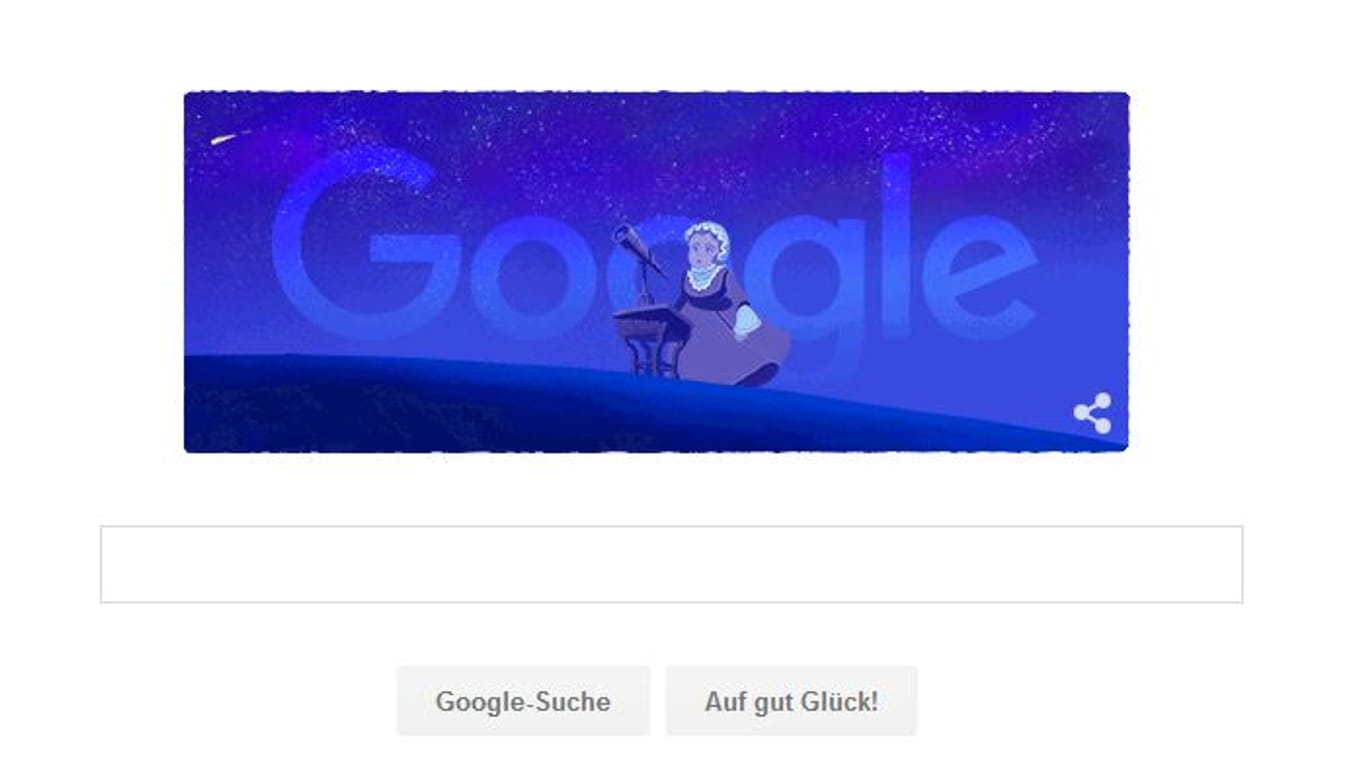 Das Google Doodle zeigt Caroline Herschel bei der Entdeckung eines Kometen.