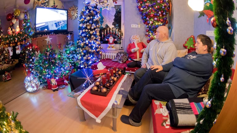 Im Wohnzimmer sieht man den Fernseher fast vor lauter Weihnachtsbäumen nicht.