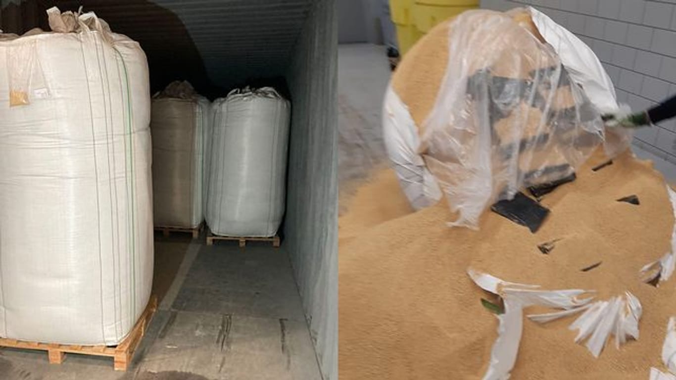 Die Kombo zeigt mit Soja gefüllte Säcke in einem Container (l) und Kokain-Päckchen, die in einem Sack mit Soja zu sehen sind.