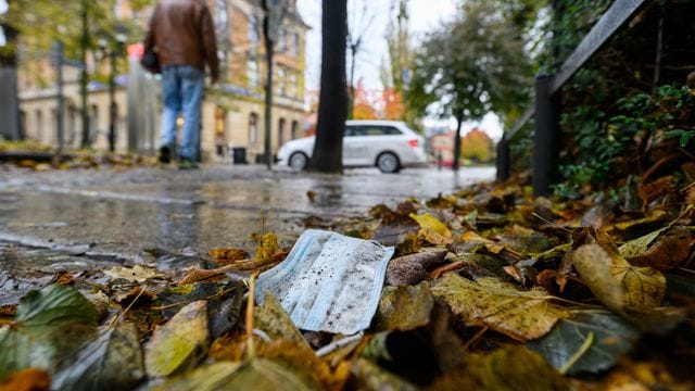 Ein Mundschutz zwischen herbstlich gefärbten Blättern in der Altstadt von Pirna. Ein Mundschutz zwischen herbstlich gefärbten Blättern in der Altstadt von Pirna.