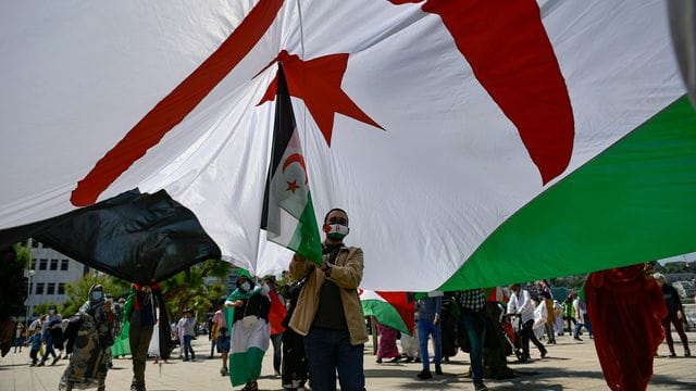 Ein saharischer Demonstrant hält eine Fahne der Republik Sahara. Ein saharischer Demonstrant hält eine Fahne der Republik Sahara.