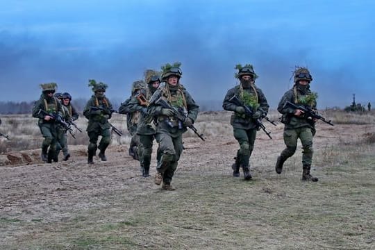 Ukrainische Soldaten durchqueren ein Feld im Ort Stare südlich der Haupstadt Kiew.