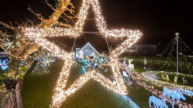 Mit zahlreichen illuminierten Figuren und Tausenden von LED-Lämpchen erstrahlen ein Garten und ein Privathaus in Mössingen. Mit zahlreichen illuminierten Figuren und Tausenden von LED-Lämpchen erstrahlen ein Garten und ein Privathaus in Mössingen.