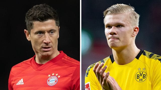Im Spitzenspiel kommt es auch zum Duell der Torjäger Robert Lewandowski (l) und Erling Haaland. Im Spitzenspiel kommt es auch zum Duell der Torjäger Robert Lewandowski (l) und Erling Haaland.