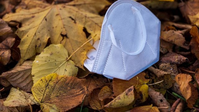 Eine Mund-Nasen-Bedeckung liegt im herbstlichen Laub im Englischen Garten in München.