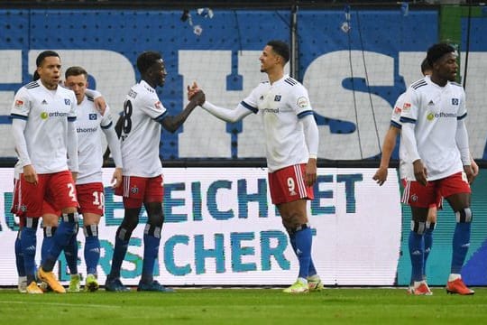 Die Spieler vom Hamburger SV feiern den Führungstreffer gegen Hansa Rostock.