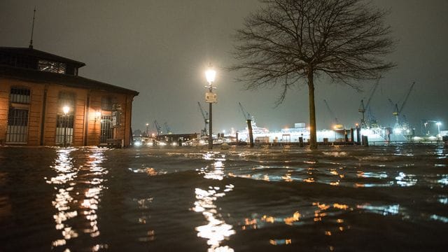 Der Fischmarkt mit der Fischauktionshalle steht erneut während des Hochwassers der Elbe unter Wasser. Der Fischmarkt mit der Fischauktionshalle steht erneut während des Hochwassers der Elbe unter Wasser.