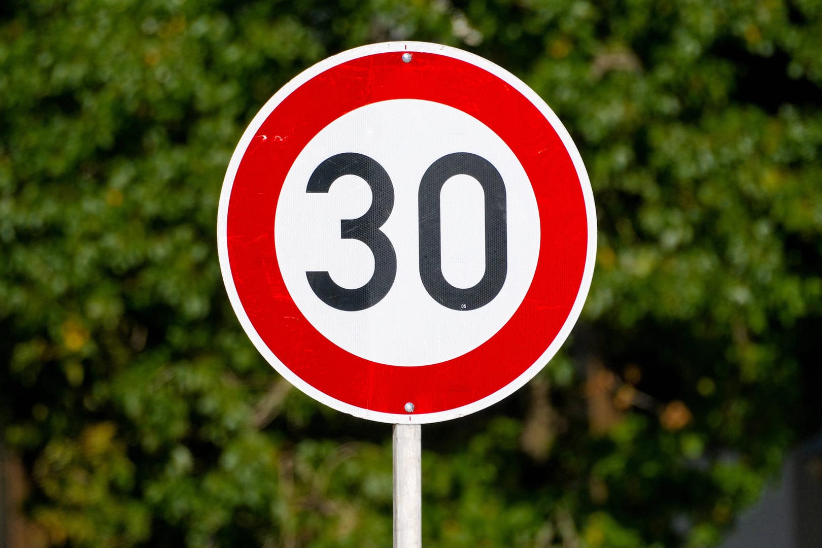 Ein Tempo-30-Schild vor einem Baum (Symbolbild): Zusätzlich zu den bereits existierenden Tempo-30-Zonen will Leipzig in drei Stadtgebieten einen größeren Versuch starten.