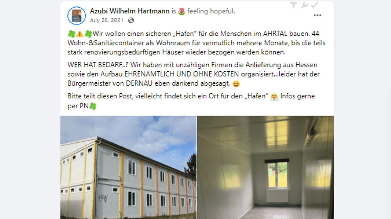 Einen "Hafen" für die Menschen im Ahrtal: Wilhelm Hartmann organisiert Container als Wohnraum für Flutopfer, der aber gar nicht gefragt ist. Es wird eine von mehreren Helferunterkünften im Tal daraus.