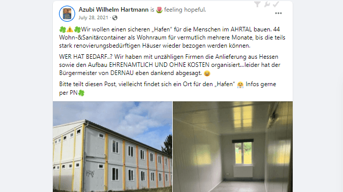 Einen "Hafen" für die Menschen im Ahrtal: Wilhelm Hartmann organisiert Container als Wohnraum für Flutopfer, der aber gar nicht gefragt ist. Es wird eine von mehreren Helferunterkünften im Tal daraus.