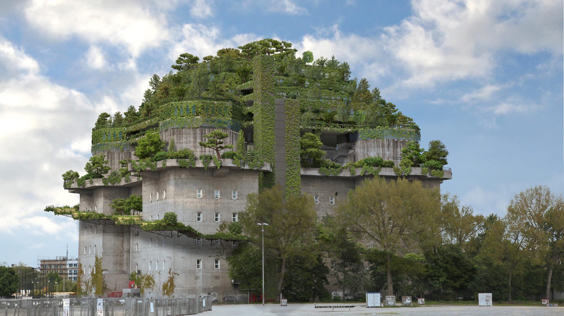 Grünes Wahrzeichen: Die Visualisierung zeigt den geplanten Dachaufbau und Garten auf dem Hochbunker am Heiligengeistfeld.