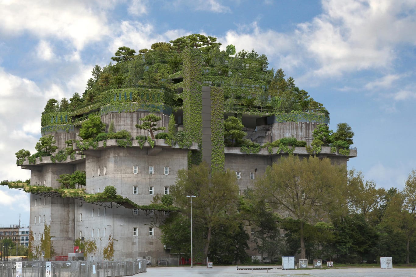 Grünes Wahrzeichen: Die Visualisierung zeigt den geplanten Dachaufbau und Garten auf dem Hochbunker am Heiligengeistfeld.
